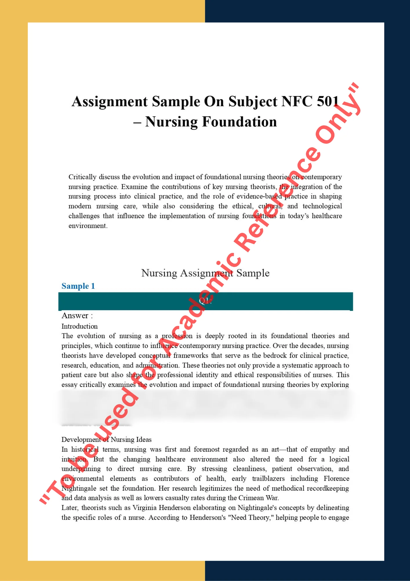 Assignment Sample On Subject NFC 501 – Nursing Foundation 0